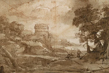 Paysage avec tour ronde et baie